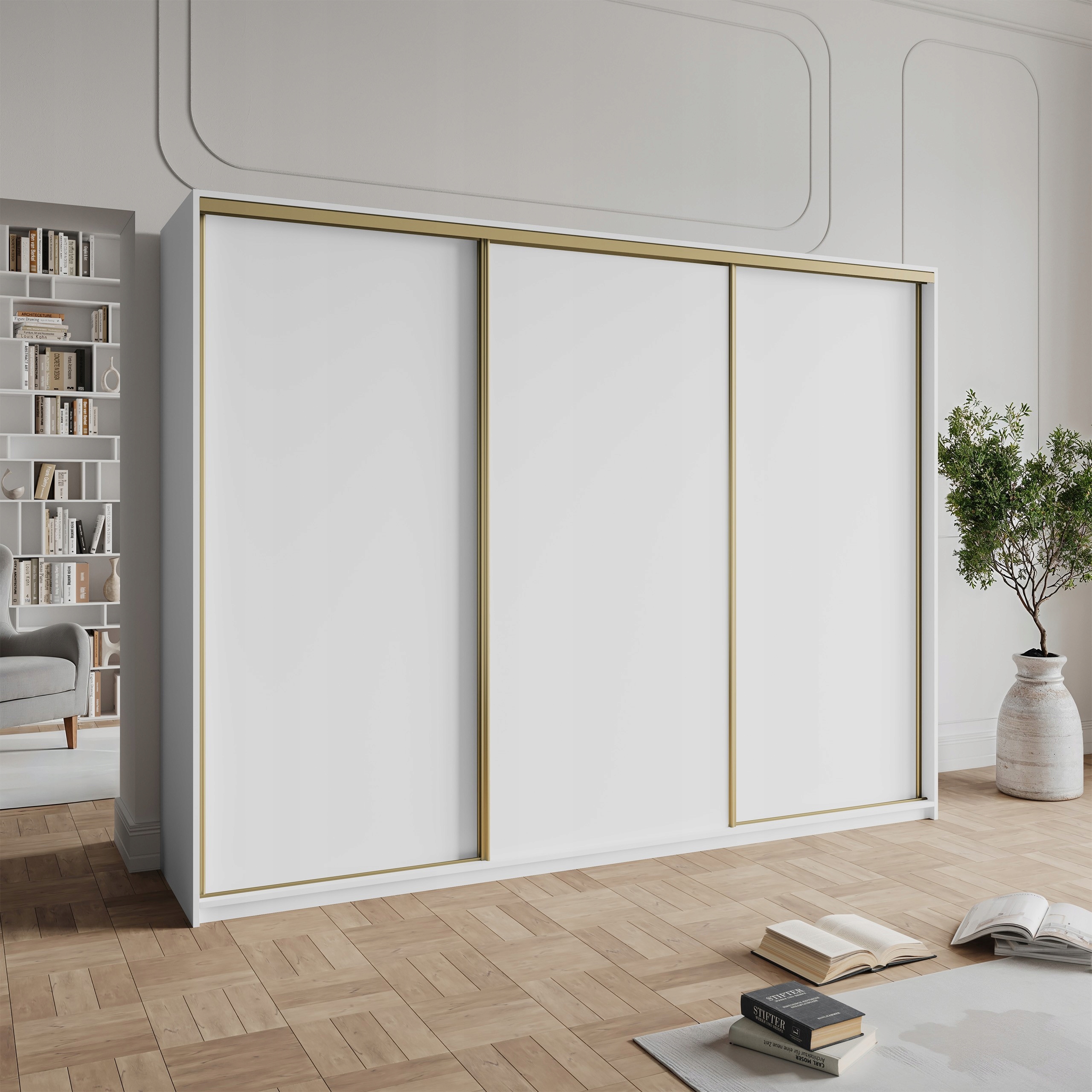 Skříň Třídveřová Nisse 270 cm Zásuvky Bílá Zlatá