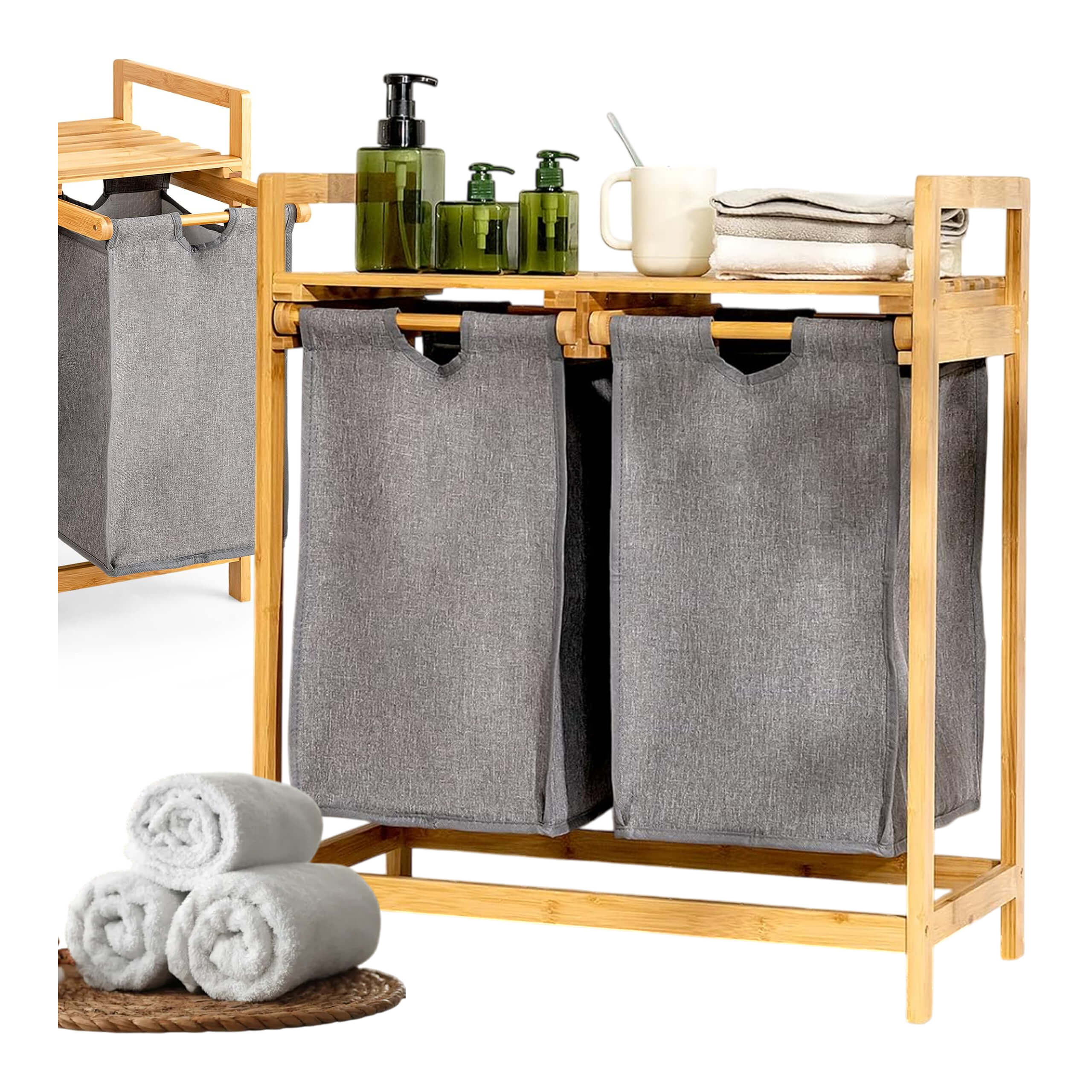 Bambusový koš na prádlo 84 l Velký dvoukomorový koš na prádlo s policí Eko