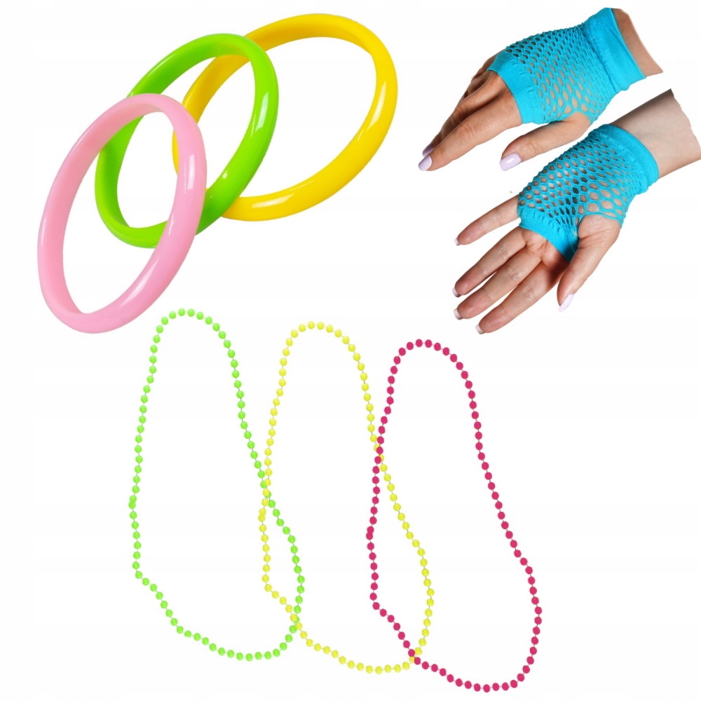 Strój lata 80 siatkowe rękawiczki plastikowe koral