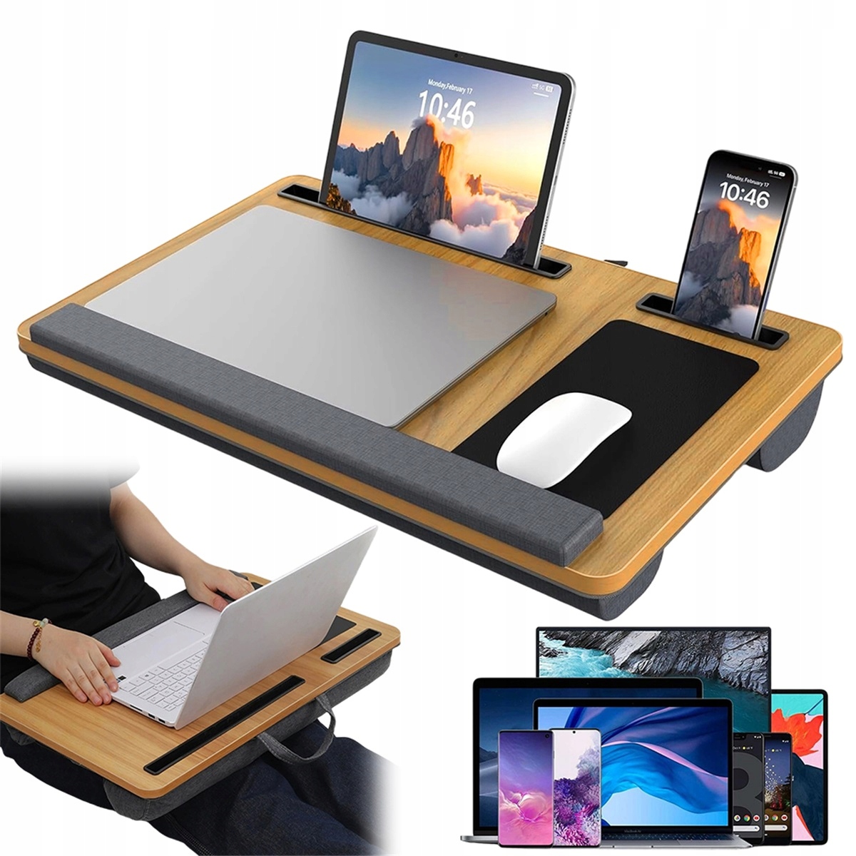 Stolek pod notebook z ořechového dřeva s vyvýšeným okrajem a úchytem