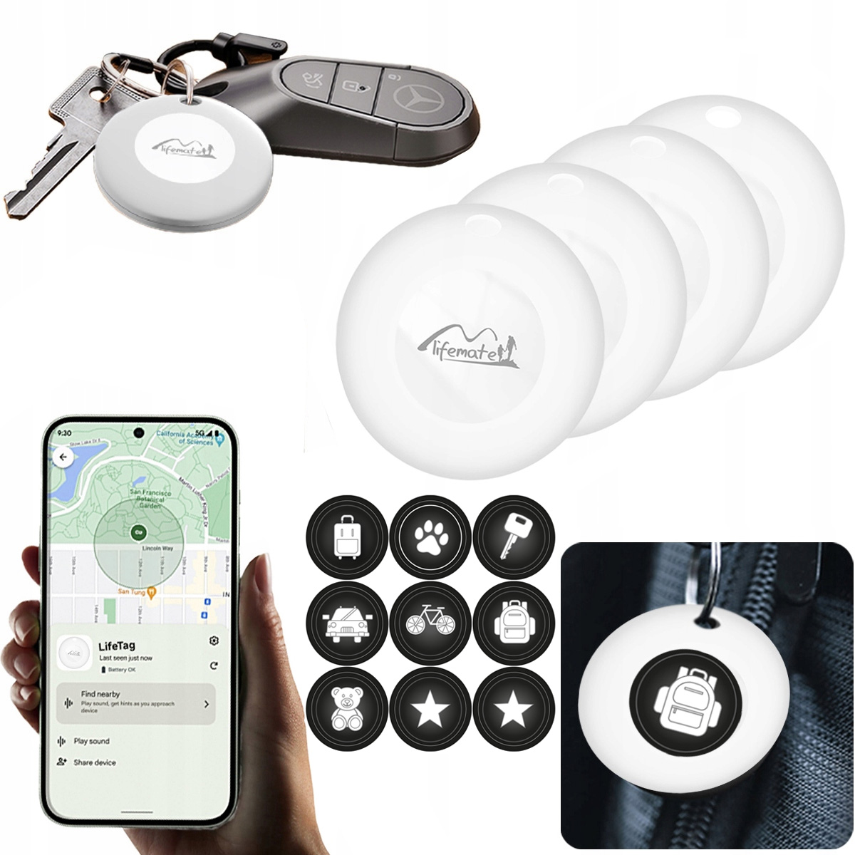 4x Gps lokátor Life Tag Lifemate Android pro batoh na klíče samolepky