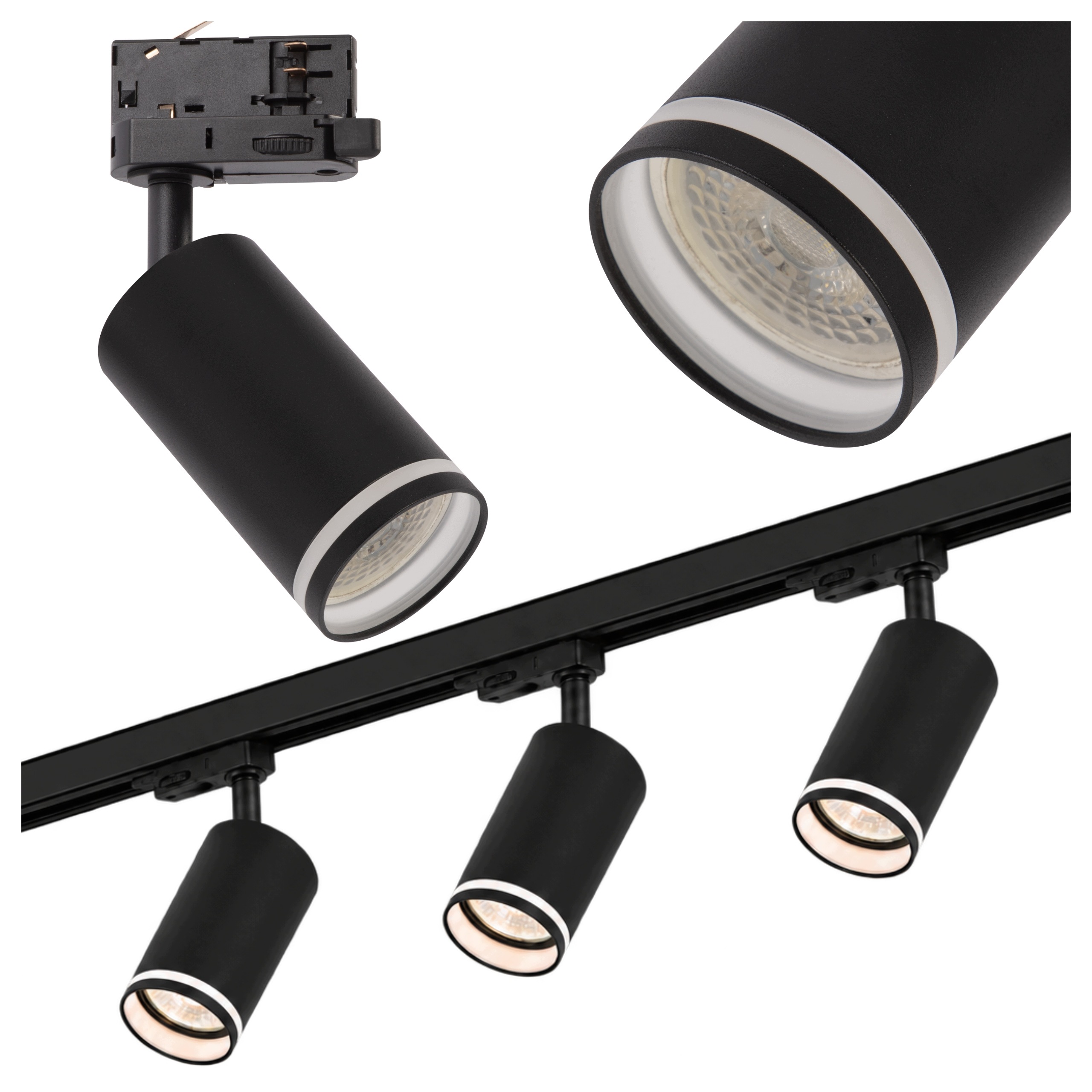 Koľajnicový kábel 3-fázové osvetlenie na koľajnicu Sada 1 m Lampa GU10 x3 čierna