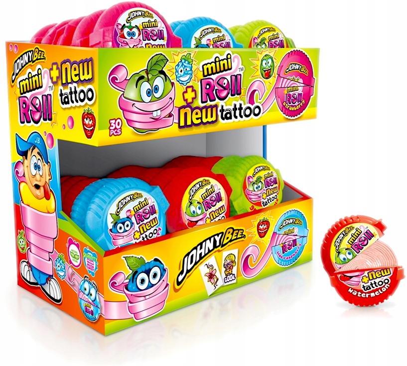 Levně Žvýkačky v roli s tetováním Johny Bee Mini Roll 4 příchutě 18 g 30 Kusů