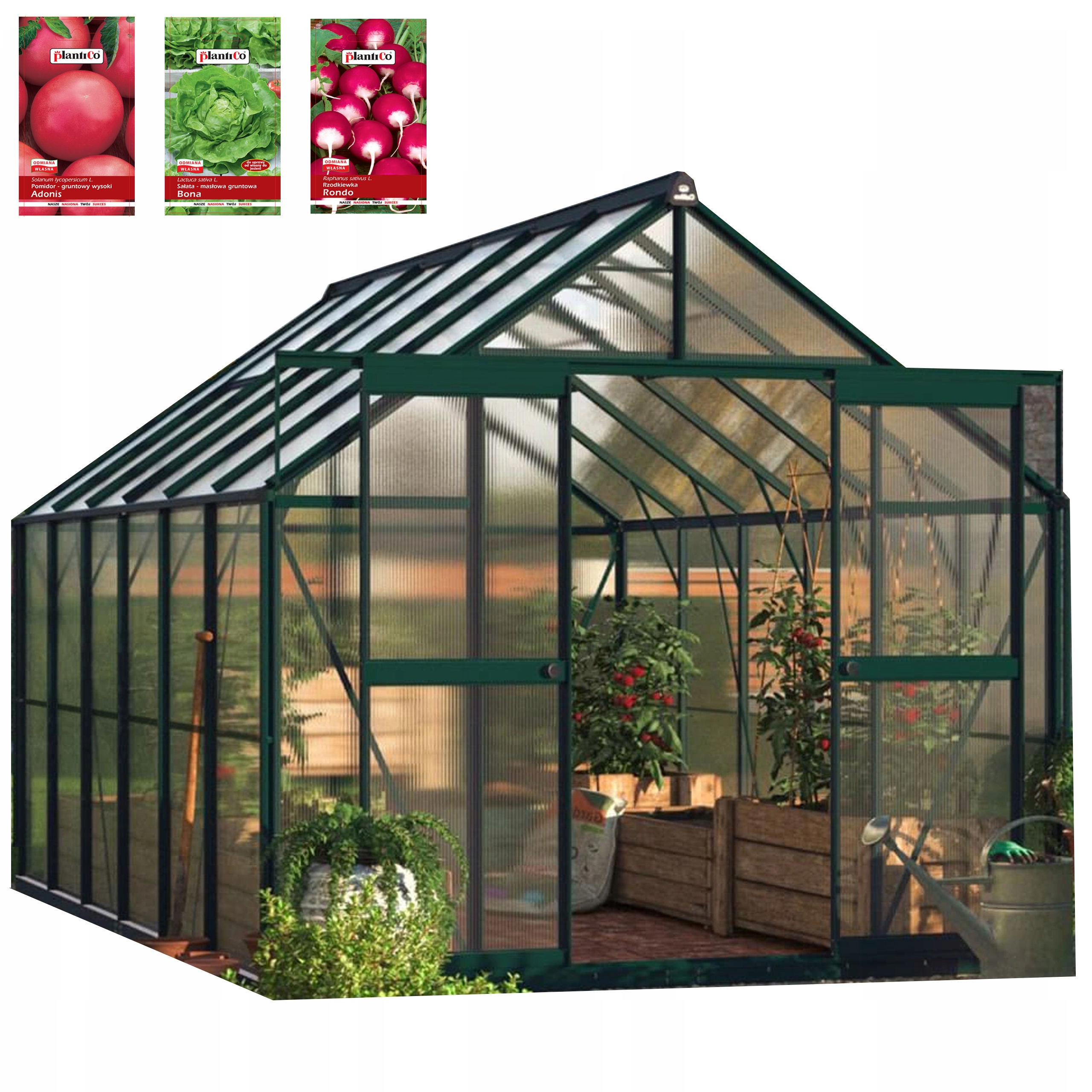 Zahradní skleník z polykarbonátu 4x3, zasouvací, silný, 370x244 cm, 3x4, zelený