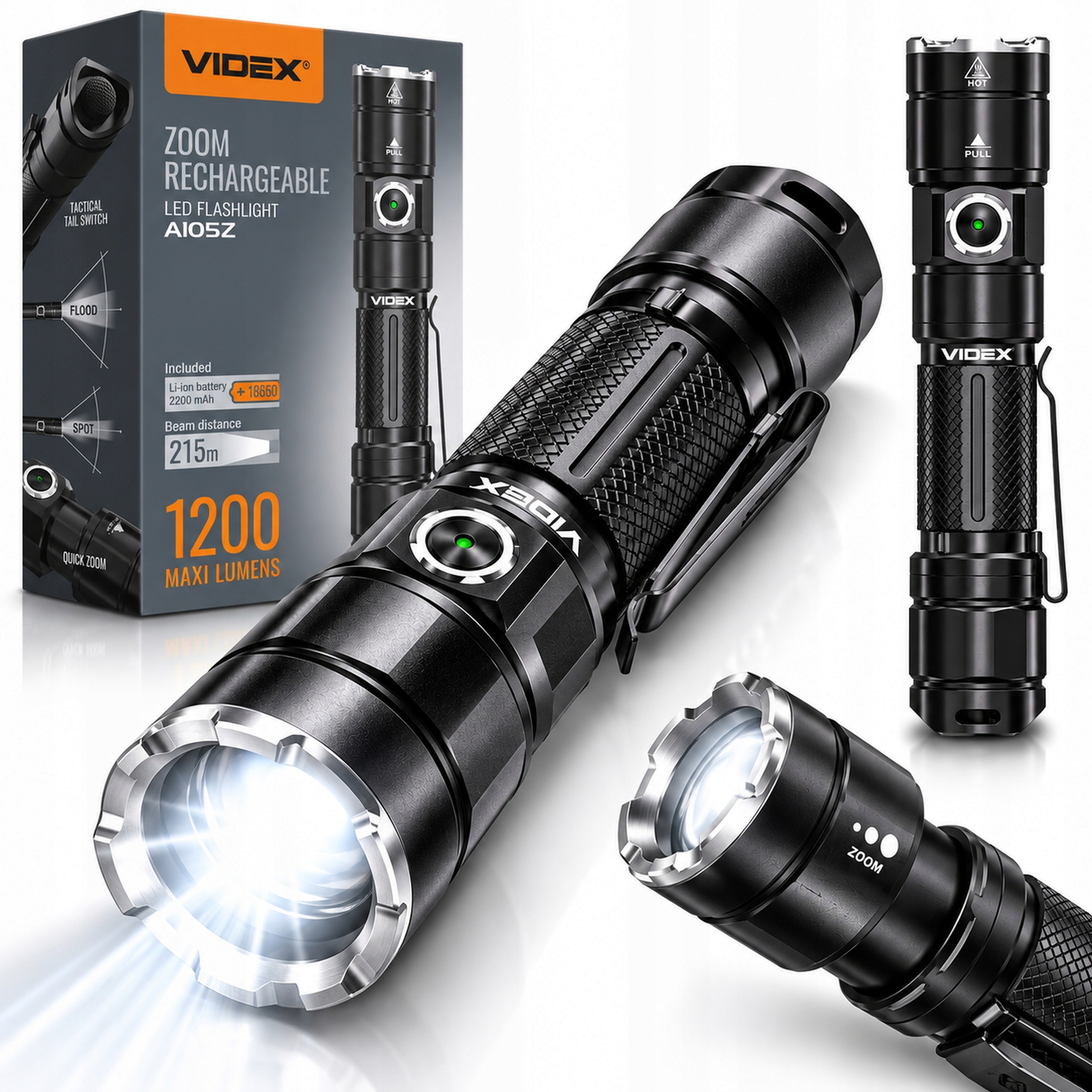 Latarka mocna Led VLF-A105Z Videx akumulatorowa Usb-c 10W 1200lm Zoom