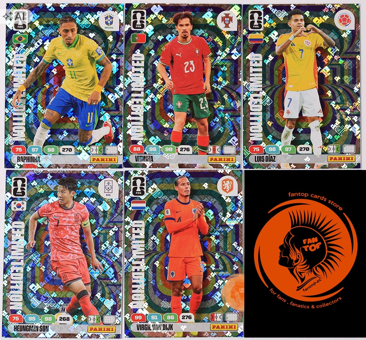 5 karty Limited Hologram Raphinha Diaz Son Vitinha 2026 World Cup panini