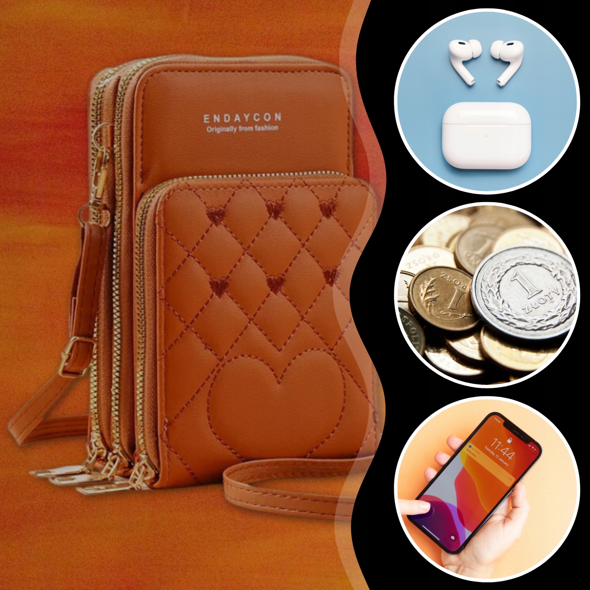 Brązowa Torebka 2W1 Listonoszka retro na telefon karty PORTFEL KOPERTÓWKA Kolor brązowy