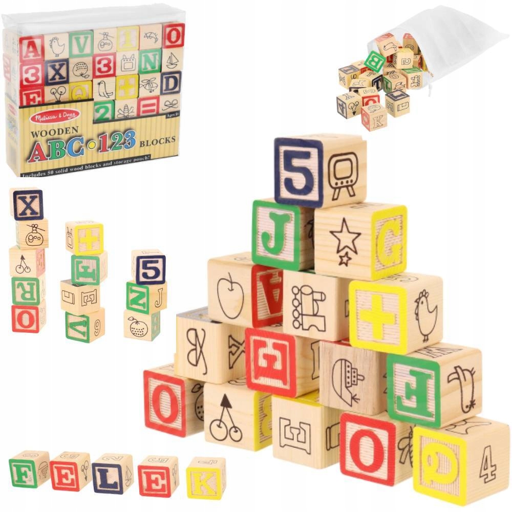 EDUKACYJNE DREWNIANE KLOCKI LITERY CYFRY OBRAZKI