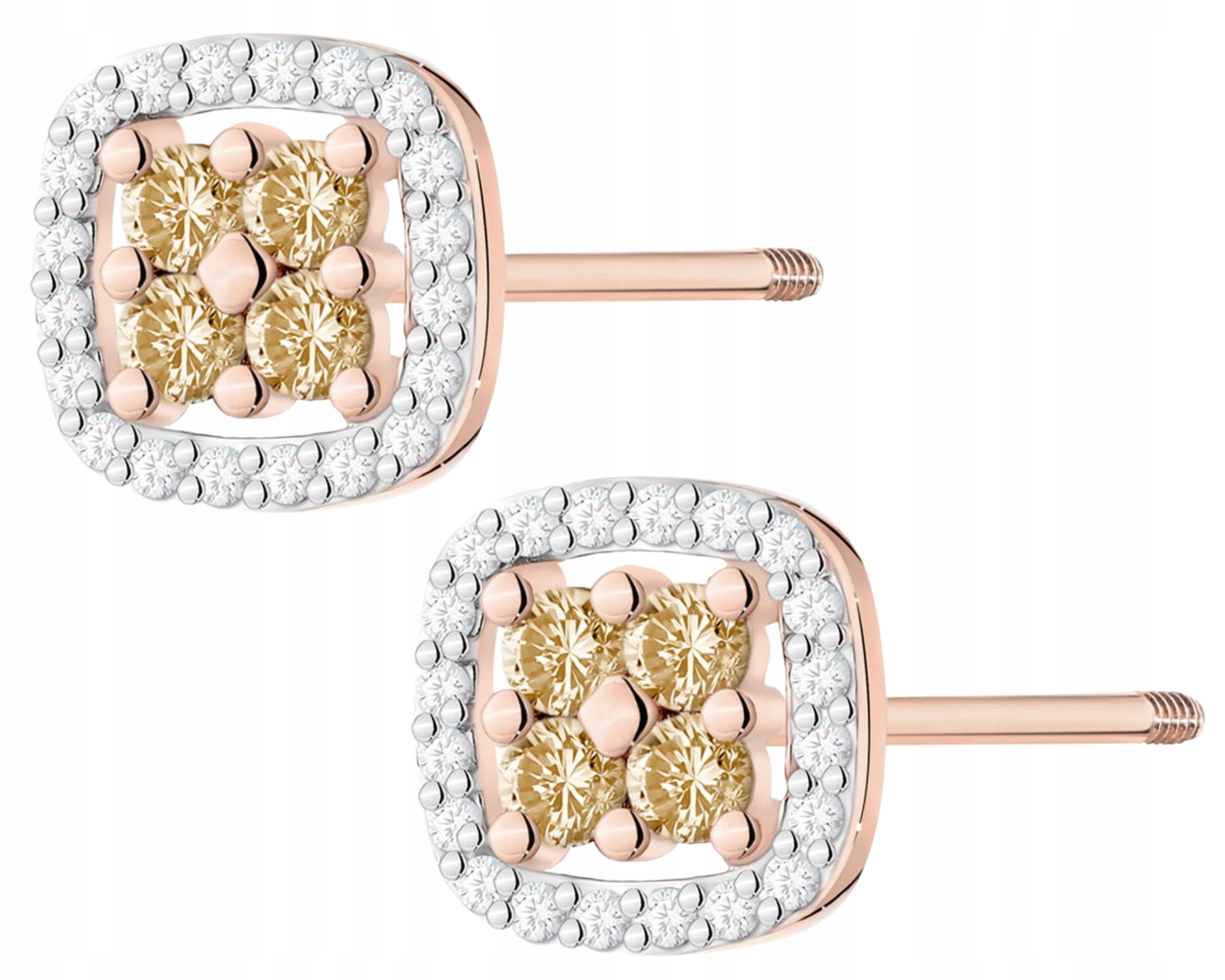 Růžové Zlato Náušnice S Hnědými Brilianty, Šroubovací Tyčinka Ryzost 585