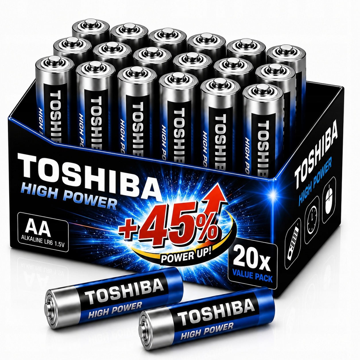 20x Baterie Aa Bateria Alkaliczne Paluszki LR6 R6 Toshiba Mocna +45% Zestaw