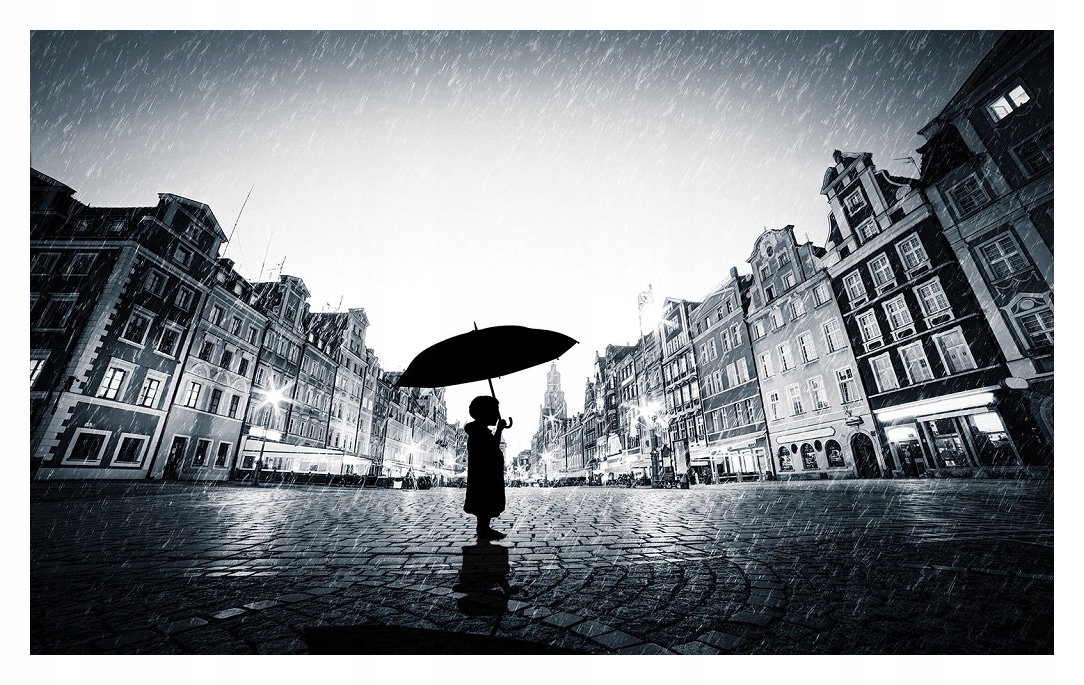 Fototapeta Déšť ve městě dítě s deštníkem melancholie 254x184 lepidlo