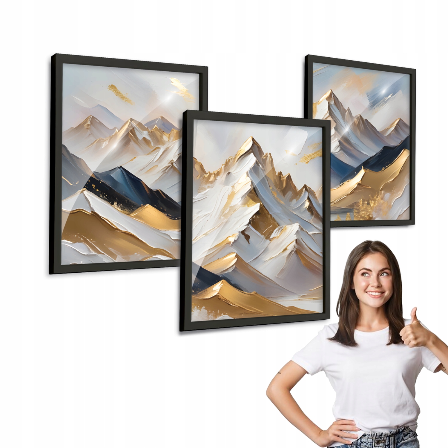 Sada 3 obrazů vzor Hory Se Zlatem s černým rámečkem 30x40 na plexiskle triptych