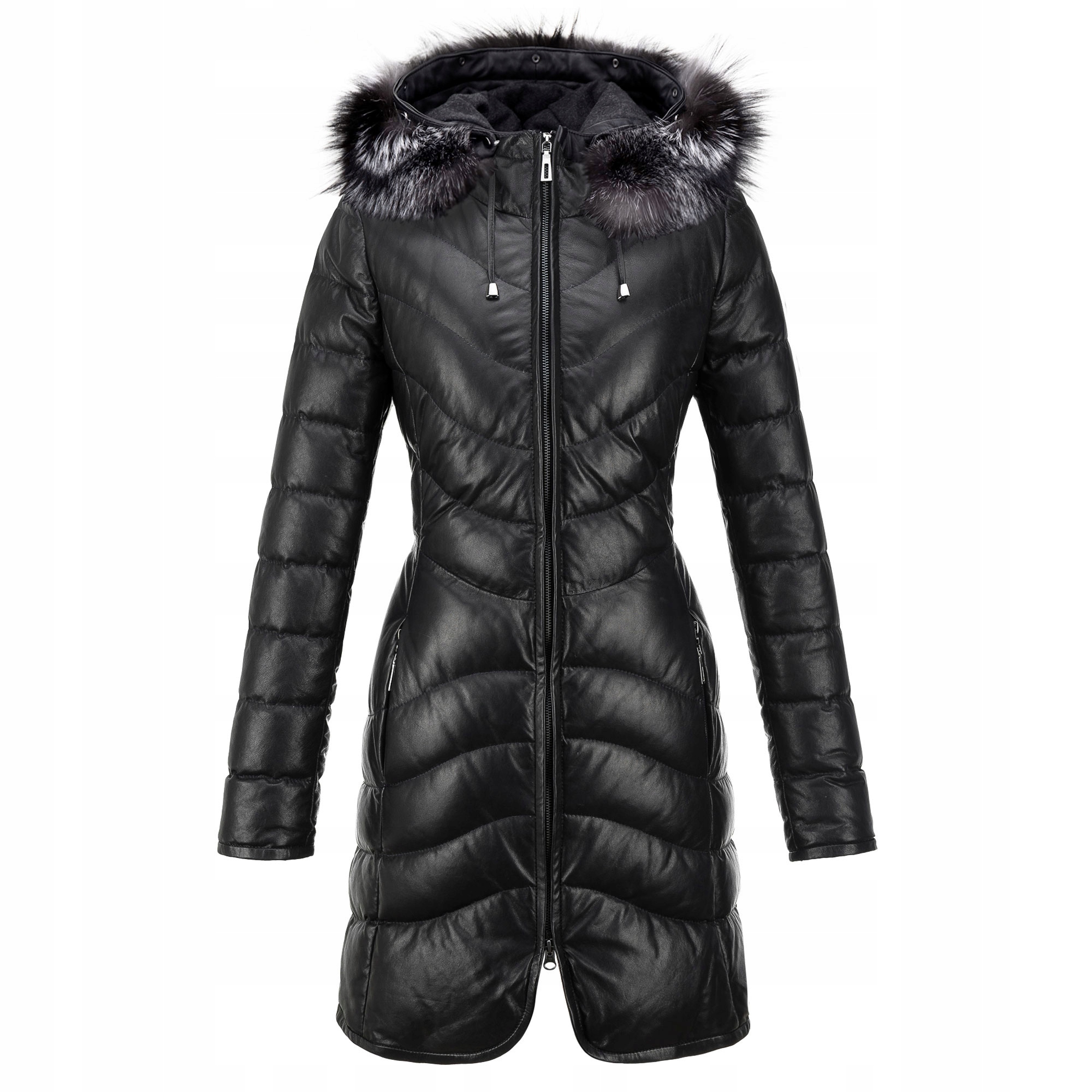 Dámský Kožený Kabát Ofelia Dlouhý S Kapucí Stříbrný Liška M/38