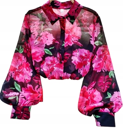 MD černá elegantní dámská košile s růžovými květy a dlouhým rukávem