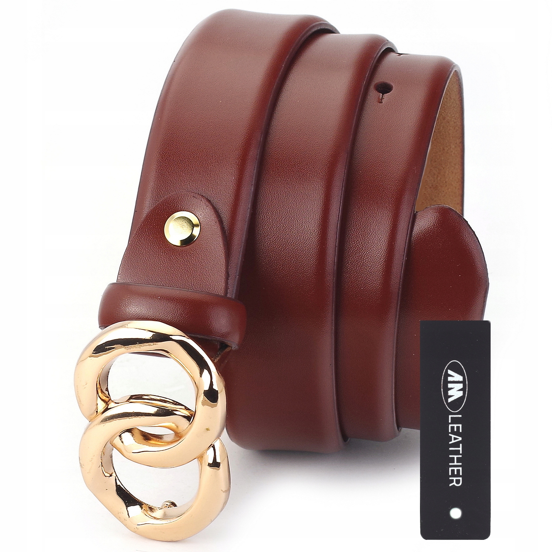 DAMSKI PASEK SKÓRZANY BRĄZ Złota Klamra roz.105