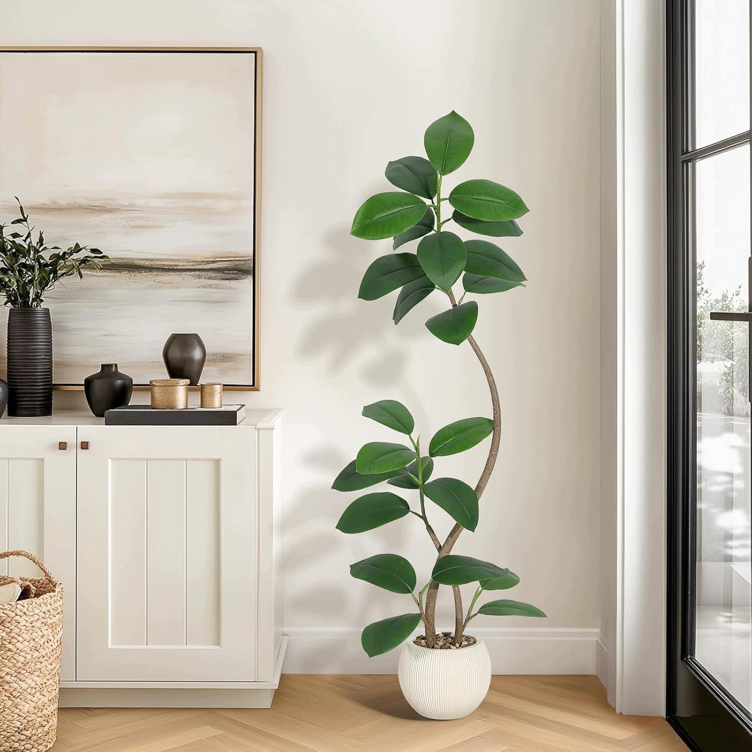 Umělý dub 210 cm v krémovém květináči, realistické listy, dekorace do interiéru
