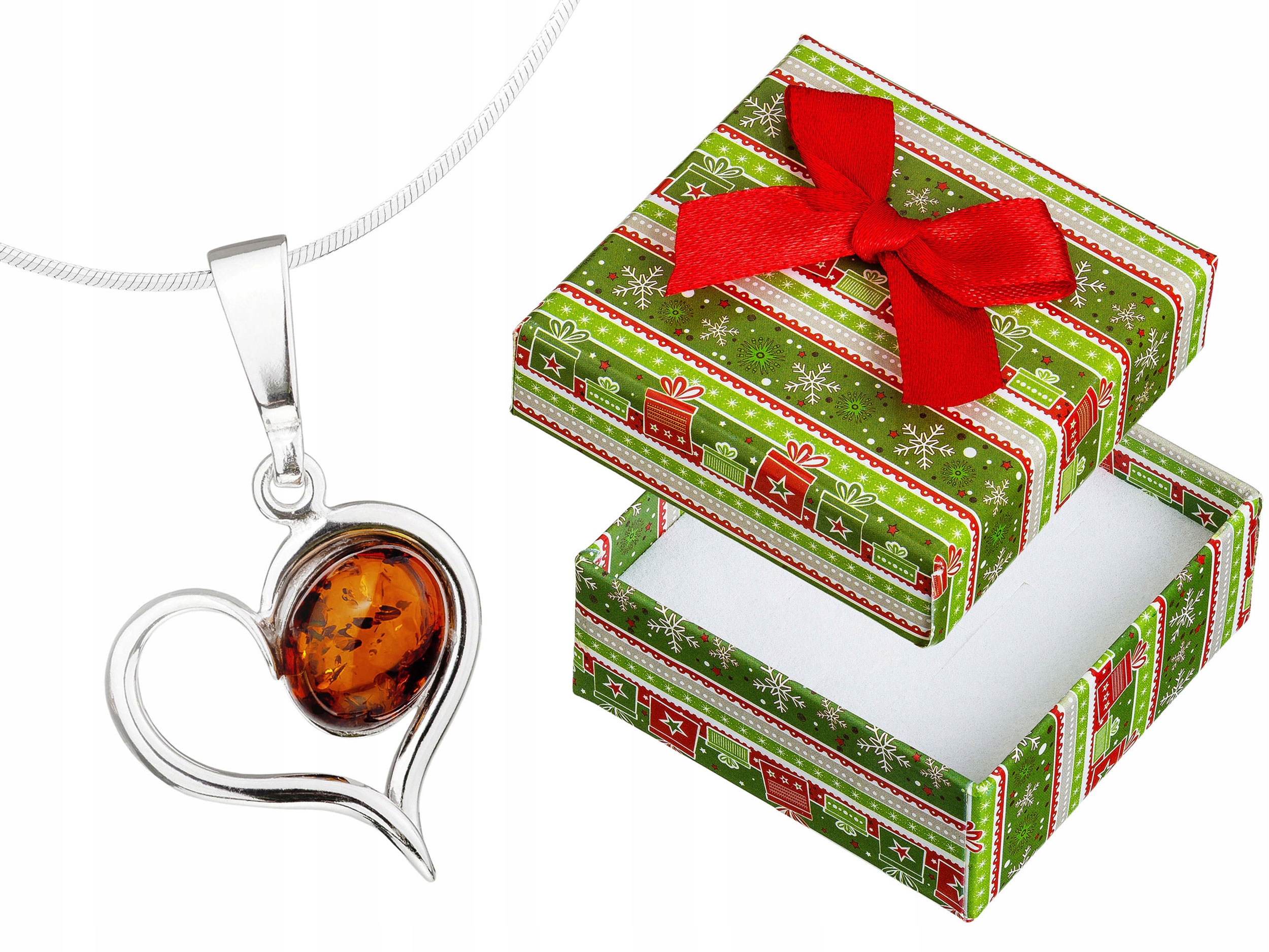 Krátký stříbrný dámský asymetrický náhrdelník Srdce s jantarem Stříbro 42 cm