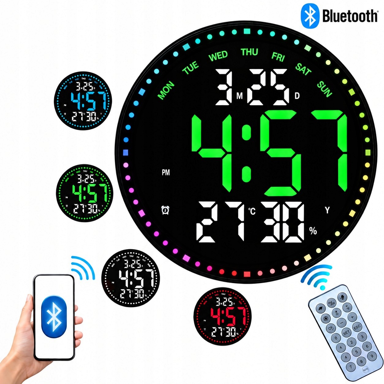 Chytré Nástěnné Led Hodiny Bluetooth, Datum, Teplota, Vlhkost Dálkové Ovládání