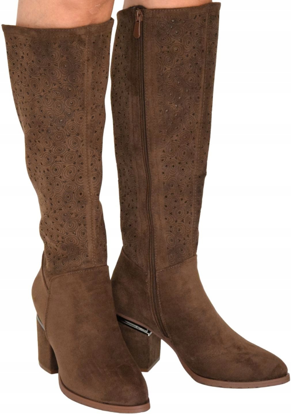 Dámské kozačky Hnědé Ažurové módní na sloupku 7 cm S.barski HY62-8122 VEL.37