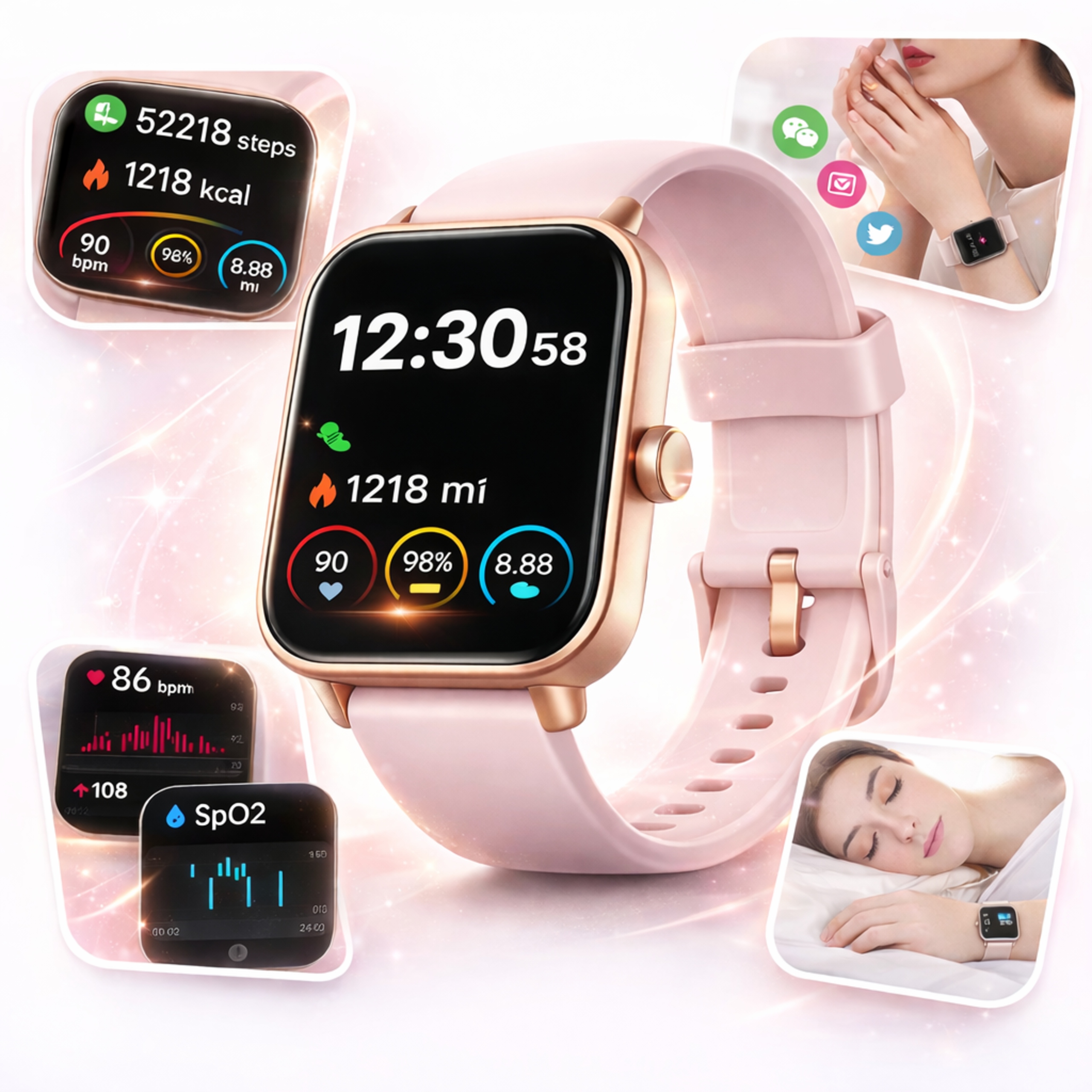 Smartwatch Damski 1.8 Dotykowy Bluetooth Alexa IP68 Android iOS Różowy