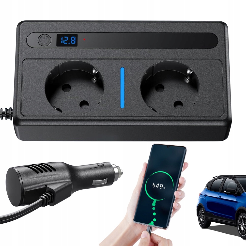 Měnič Napětí 12V-220V: 2× Ac Zásuvky, 2×USB-A 2×USB-C Zapalovač