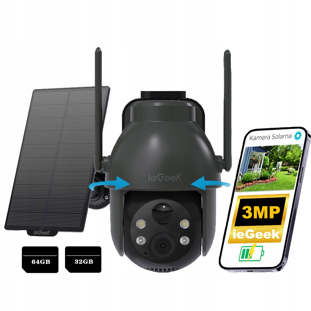 Wifi Solární Kamera 3MPX Inteligentní Venkovní Otočná s pamětí na karty
