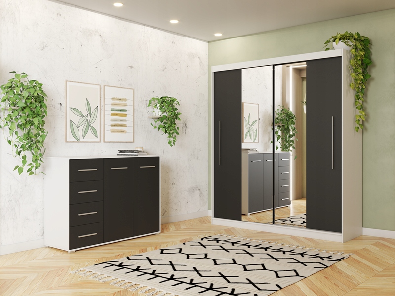 Zestaw szafa przesuwna RICO 200 lustro komoda FRIDA szuflady KOLORY PREMIUM Typ drzwi Przesuwne