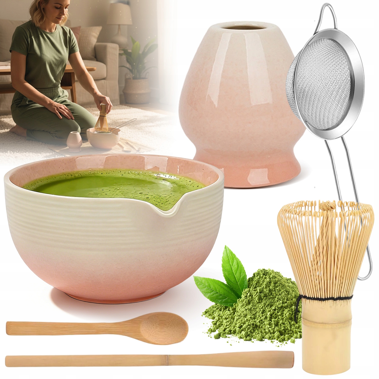 Sada Na Matchy Sakura Keramická Šálek Podstavec Lžička Metlička 6 Ks