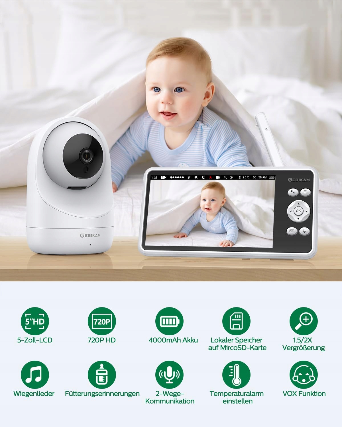 SEBIKAM Elektroniczna Niania Kamera 5 Calowy 720P HD Monitor Dziecięcy — miniatura 2