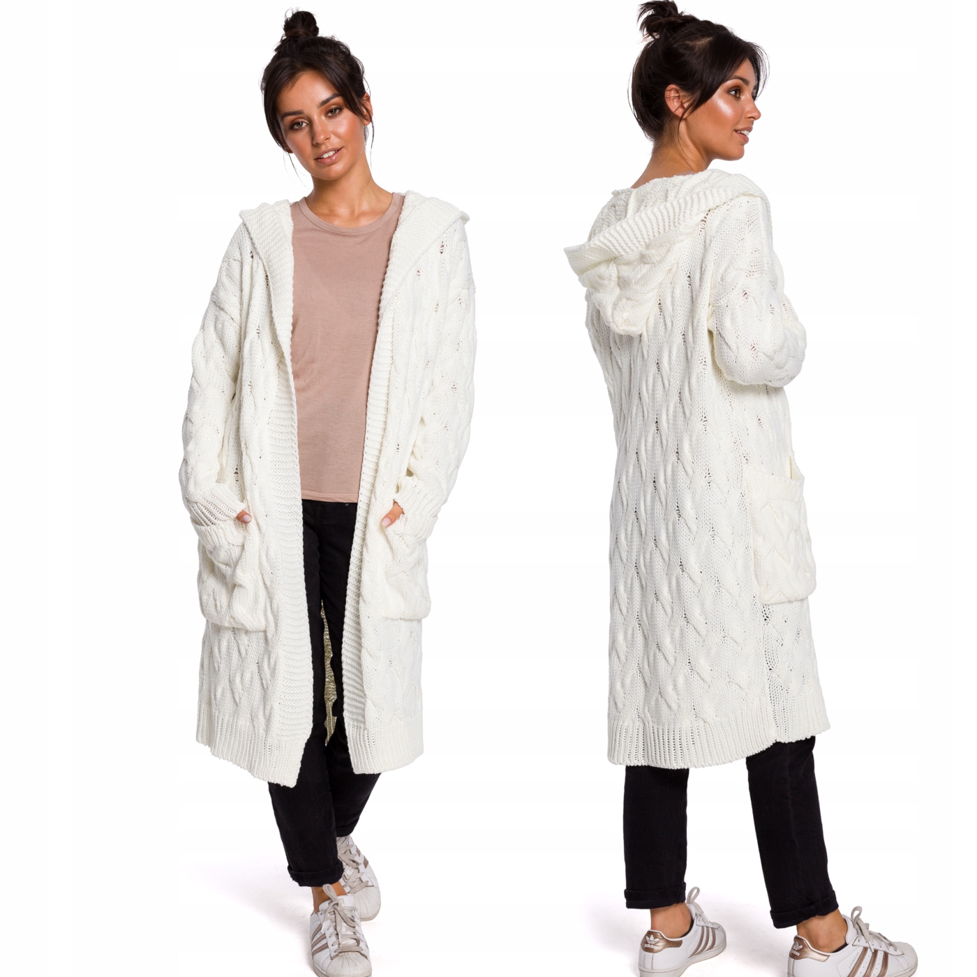 DAMSKI SWETER KARDIGAN SWETEREK CIEPŁY STYLOWY ECRU 40/42 L/XL