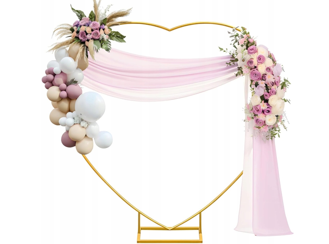 Svatební oblouk ve tvaru srdce, kovový, zlatý, 2 m x 2 m, na květiny, balónky, stojan