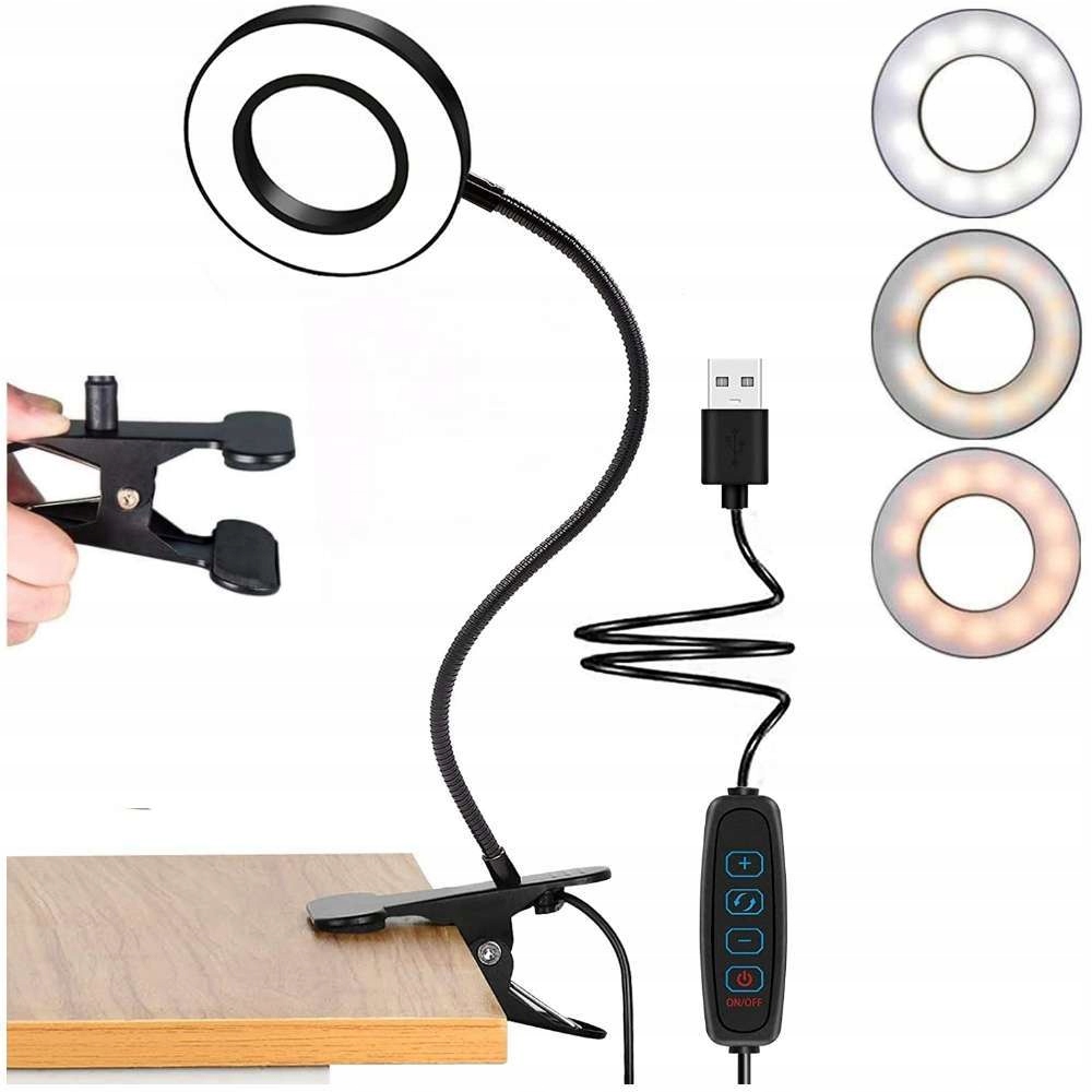 LAMPKA LED PILOT USB RING GIĘTKA BIURKOWA Z KLIPSEM DO CZYTANIA NOCNA 12W