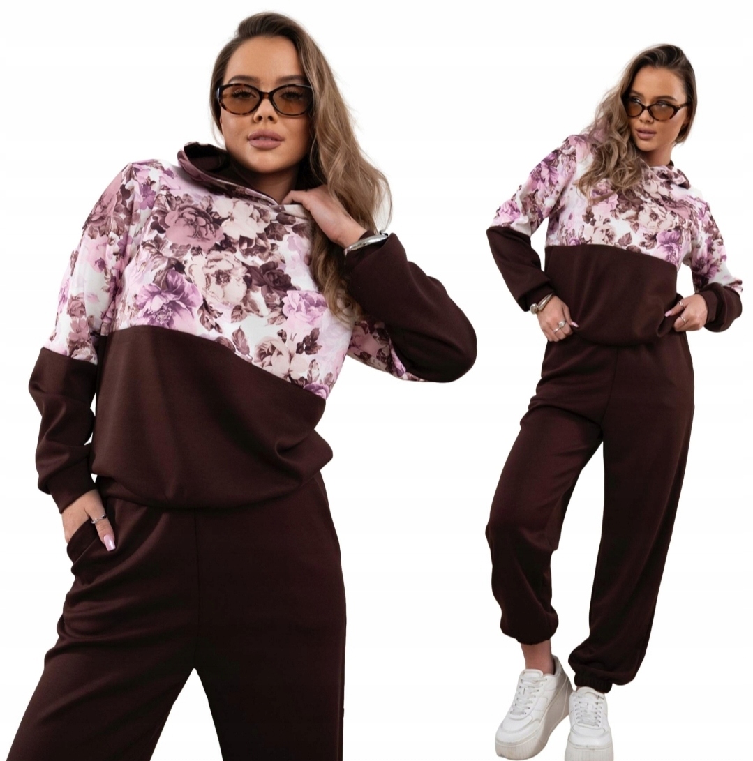 Komplet Dresowy Damski Masełko Bluza Z Kapturem W Kwiaty Dres Brąz L/XL