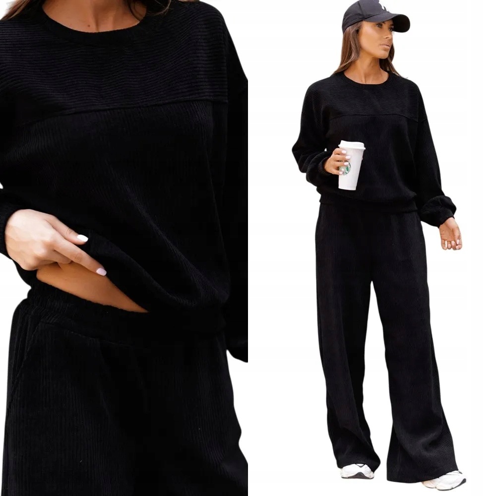 Dámský Teplákovka Komplet z manšestru, široké kalhoty, oversize mikina L/XL, černá