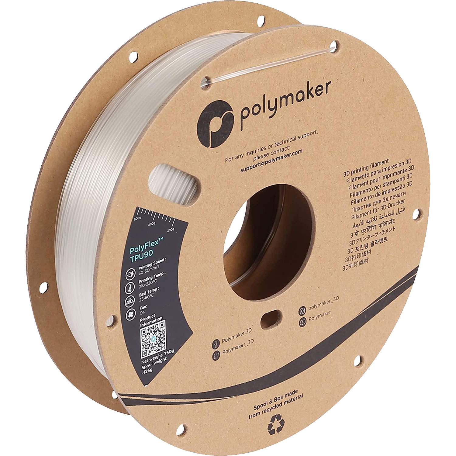 Filament Polymaker PolyFlex TPU-90A Clear 1.75mm 0,75kg