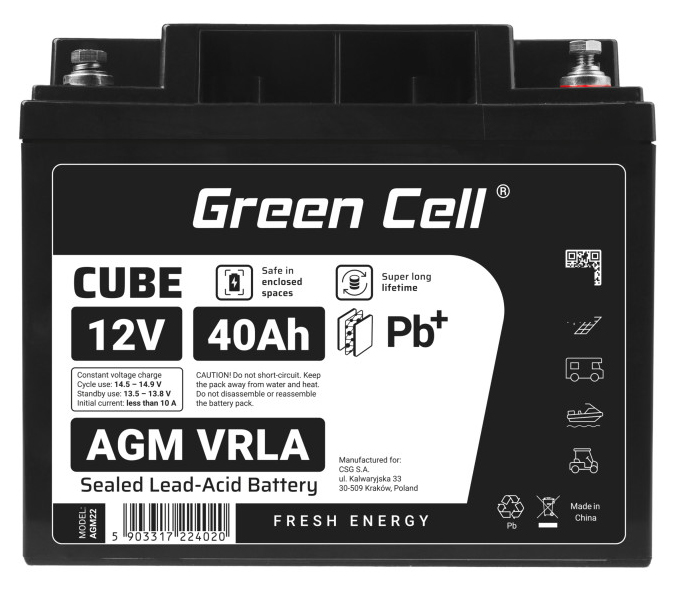 Akumulator Agm Green Cell 12V 40Ah IP54 Upsy Fotowoltaika Wózek Inwalidzki