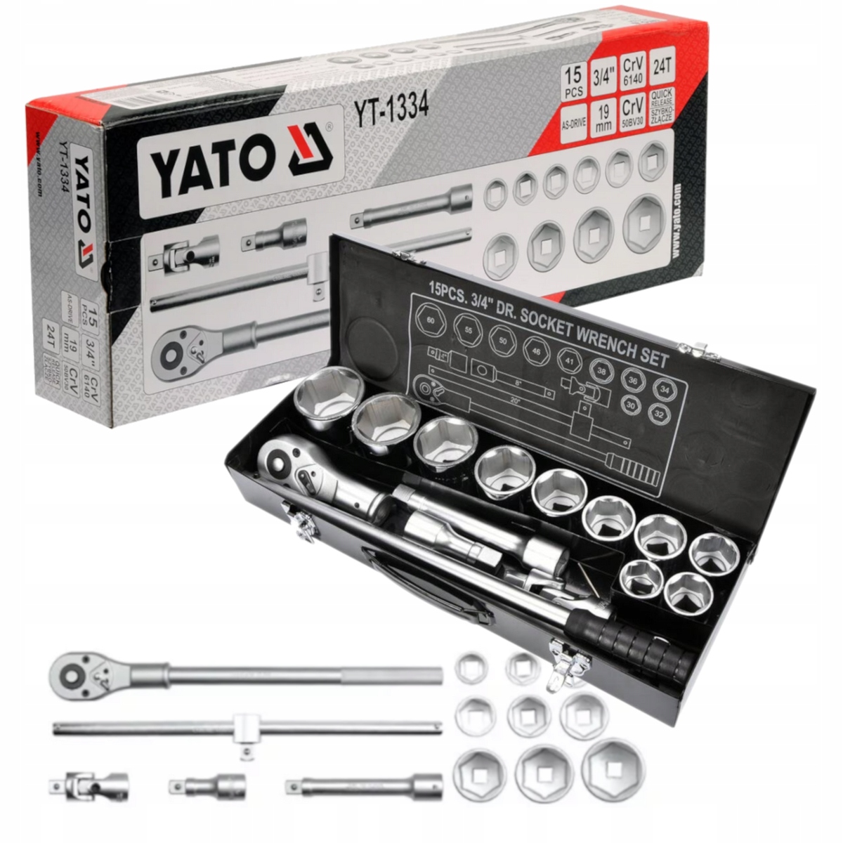 Zestaw Narzędziowy Kluczy Nasadowych 3/4 15 Elementów Yato YT-1334