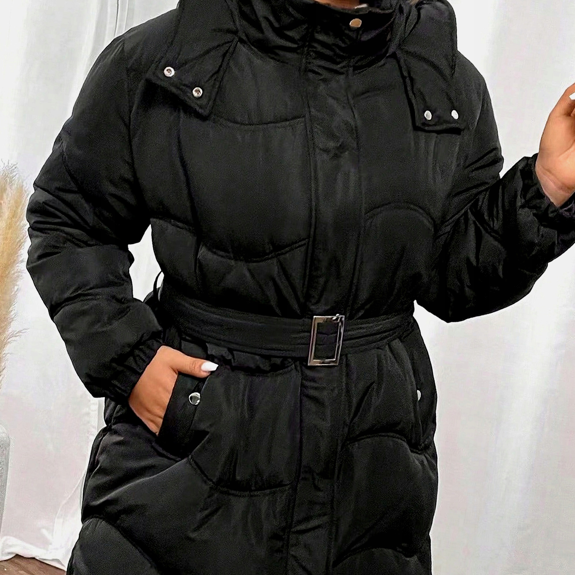 Dámská prošívaná bunda Midi s peřím a páskem, černá, 3XL