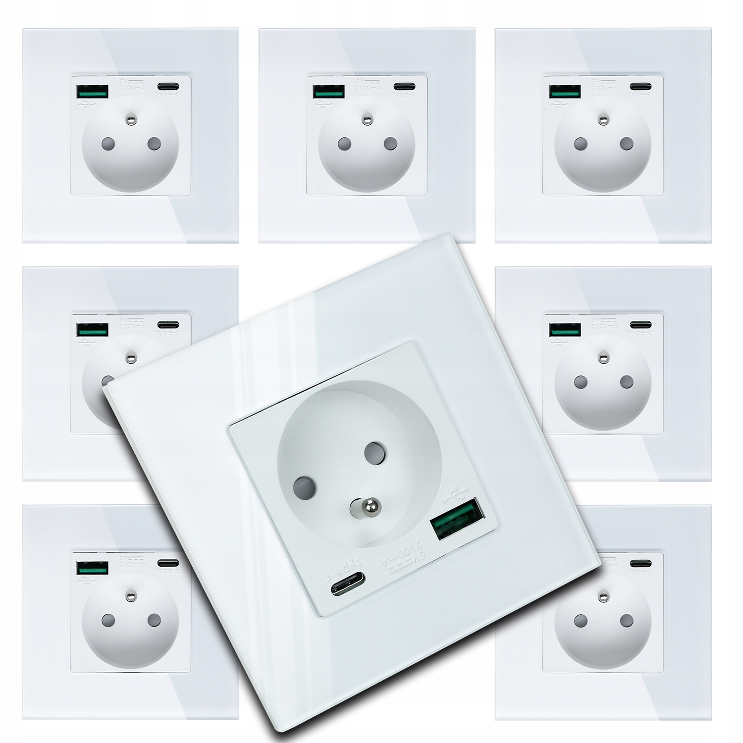 8x Skleněná Bílá Elektrická Zásuvka Kontakt Nástěnná Usb Nabíječka