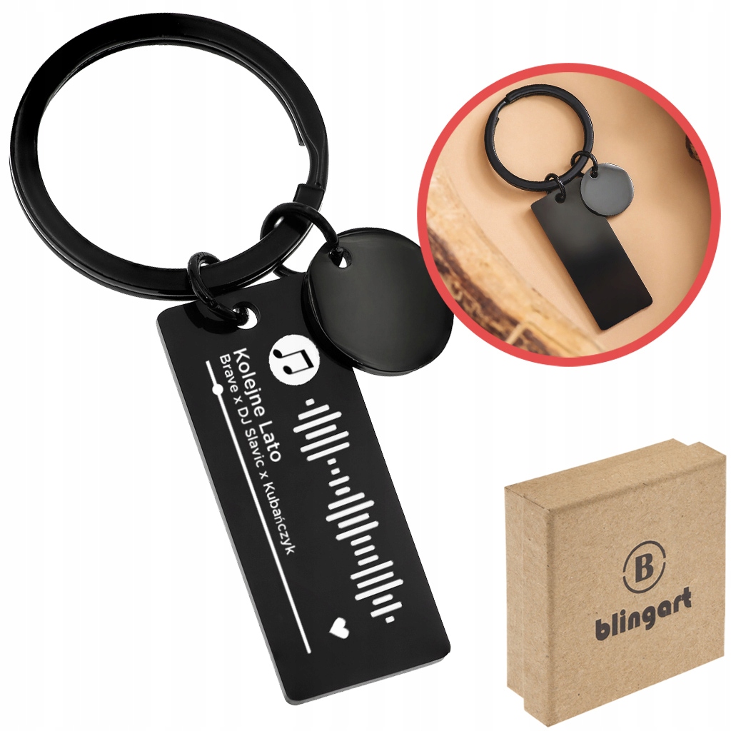 Brelok do kluczy Z GRAWEREM CZARNY PODŁUŻNY TWOJA PIOSENKA prezent STAL