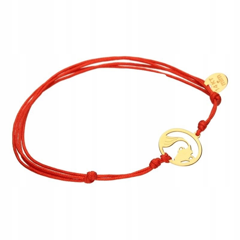 Zlatý náramek 14KT červený provázek s regulací znamení zvěrokruhu vodník 14K