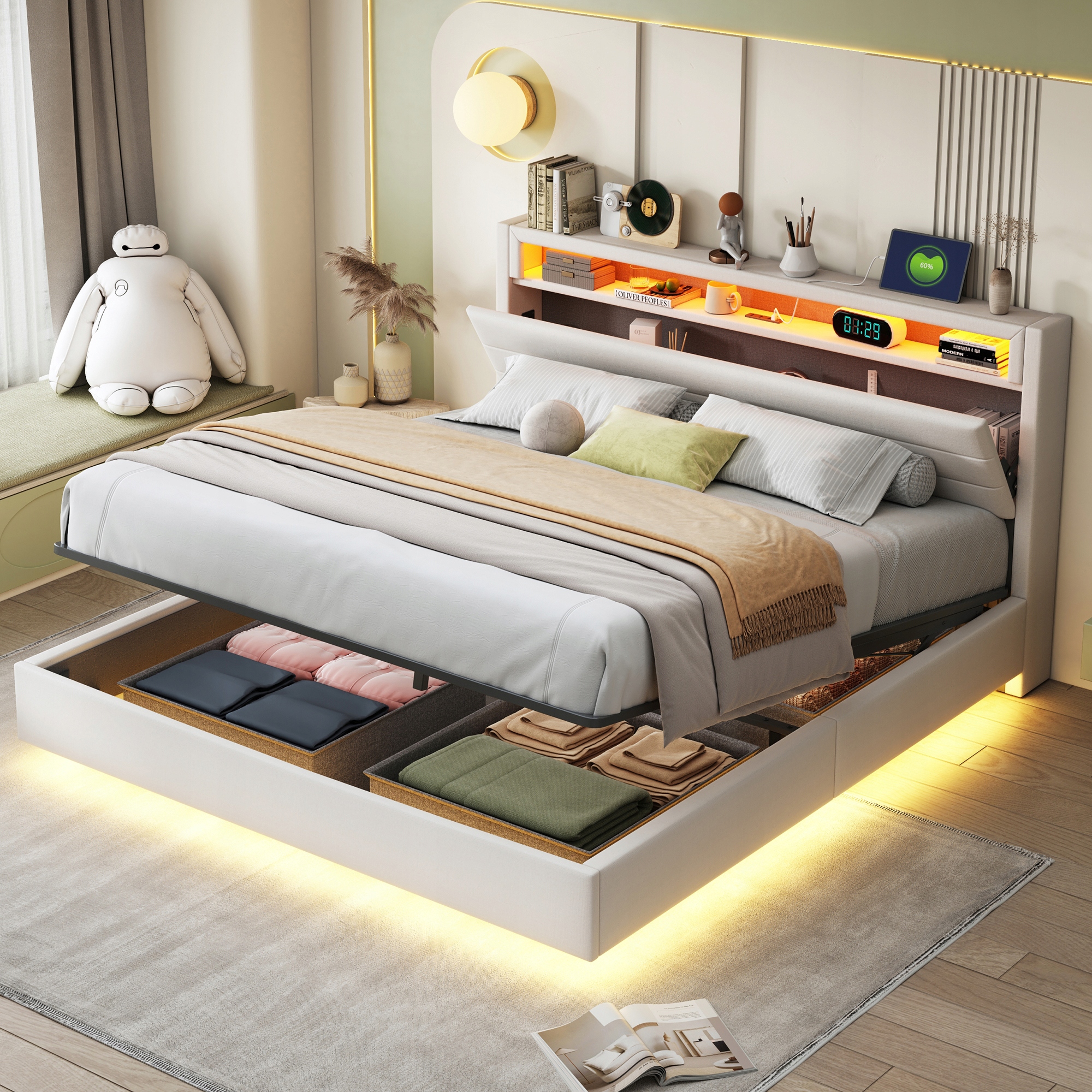 Čalouněná postel 160 x 200 cm Hydraulický rám postele plovoucího Led Usb