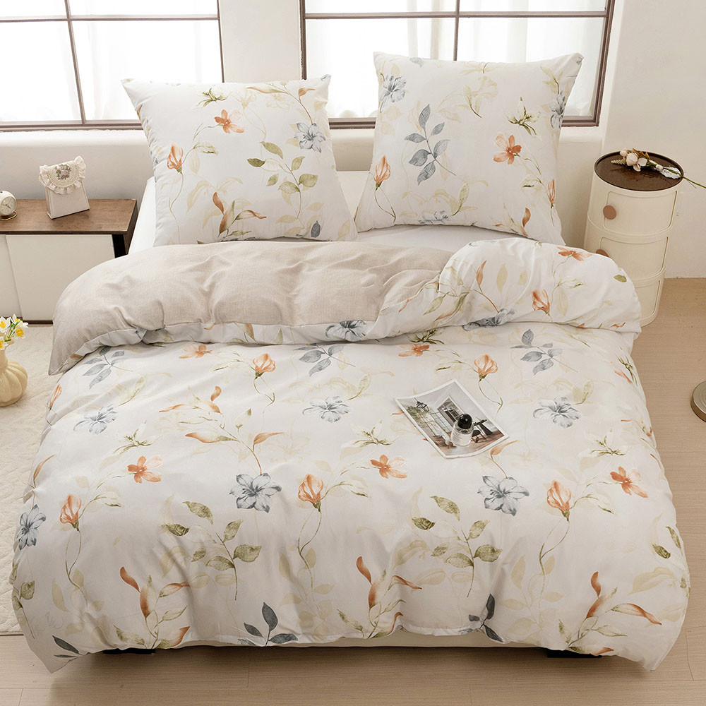 Pościel 200X220 Bawełna Satynowa Dwustronna Gierekhoff 3 Cz. Beżowe Kwiaty