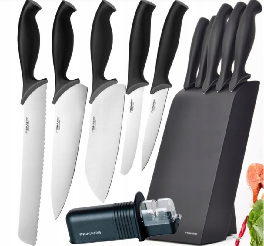 Fiskars Sada 5 nožov v čiernom drevenom bloku brusný kameň