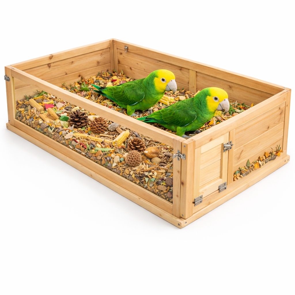 Záchod na krmení XL pro papoušky 100×30×60 cm, dřevěná foragingová bedna