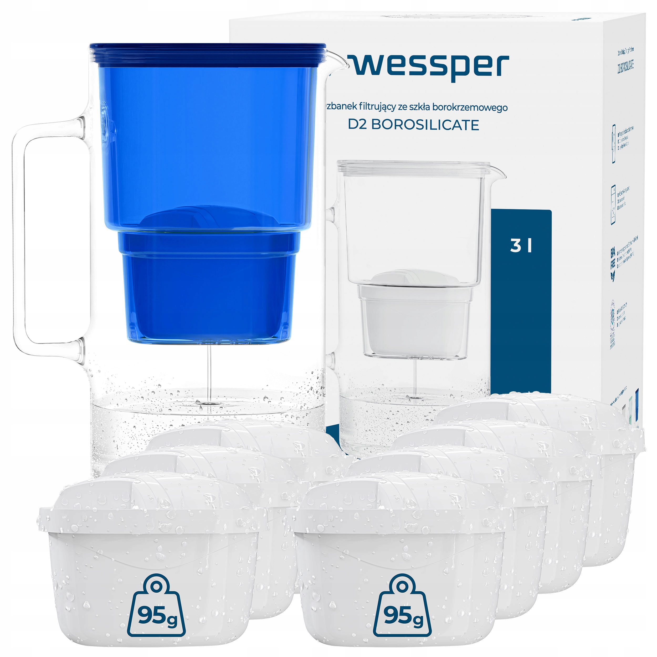 Skleněná filtrační konvice Wessper D2 Borosilicate 3 l modrá 8x filtr