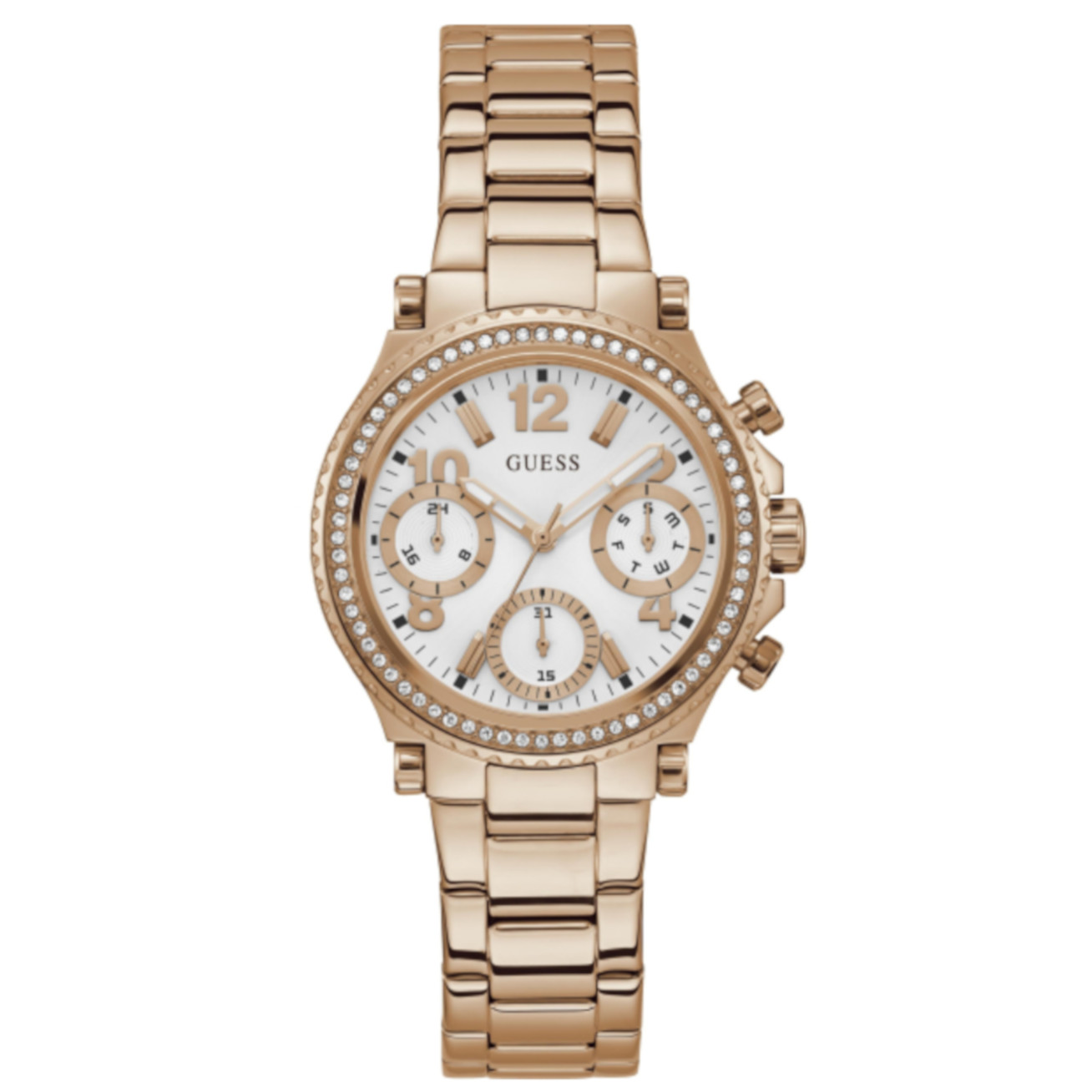 Růžově zlaté hodinky Guess Cosmic s krystaly GW0590L3