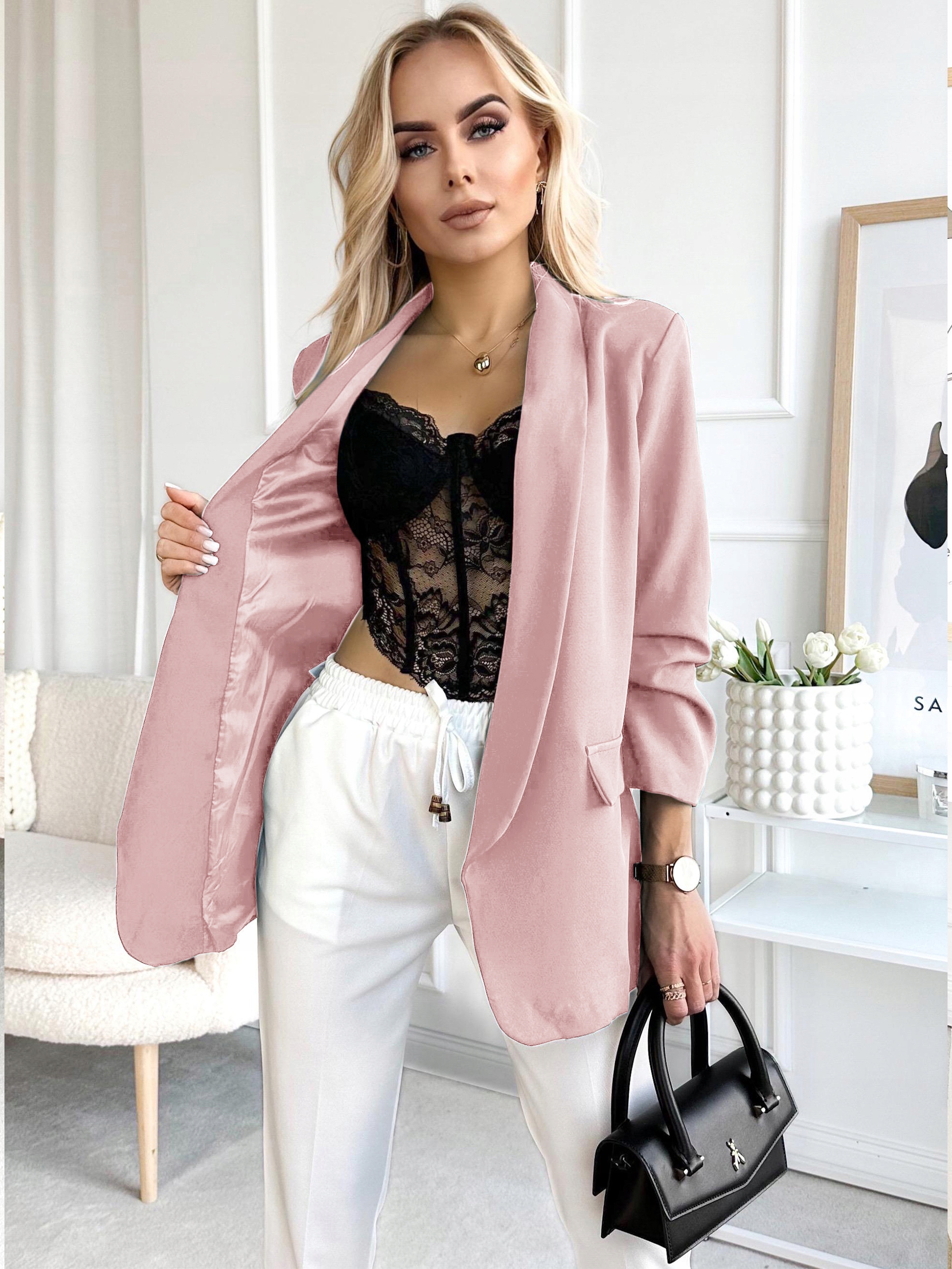 MARYNARKA damska ŻAKIET drapowane rękawy stylowy puder Rozmiar M