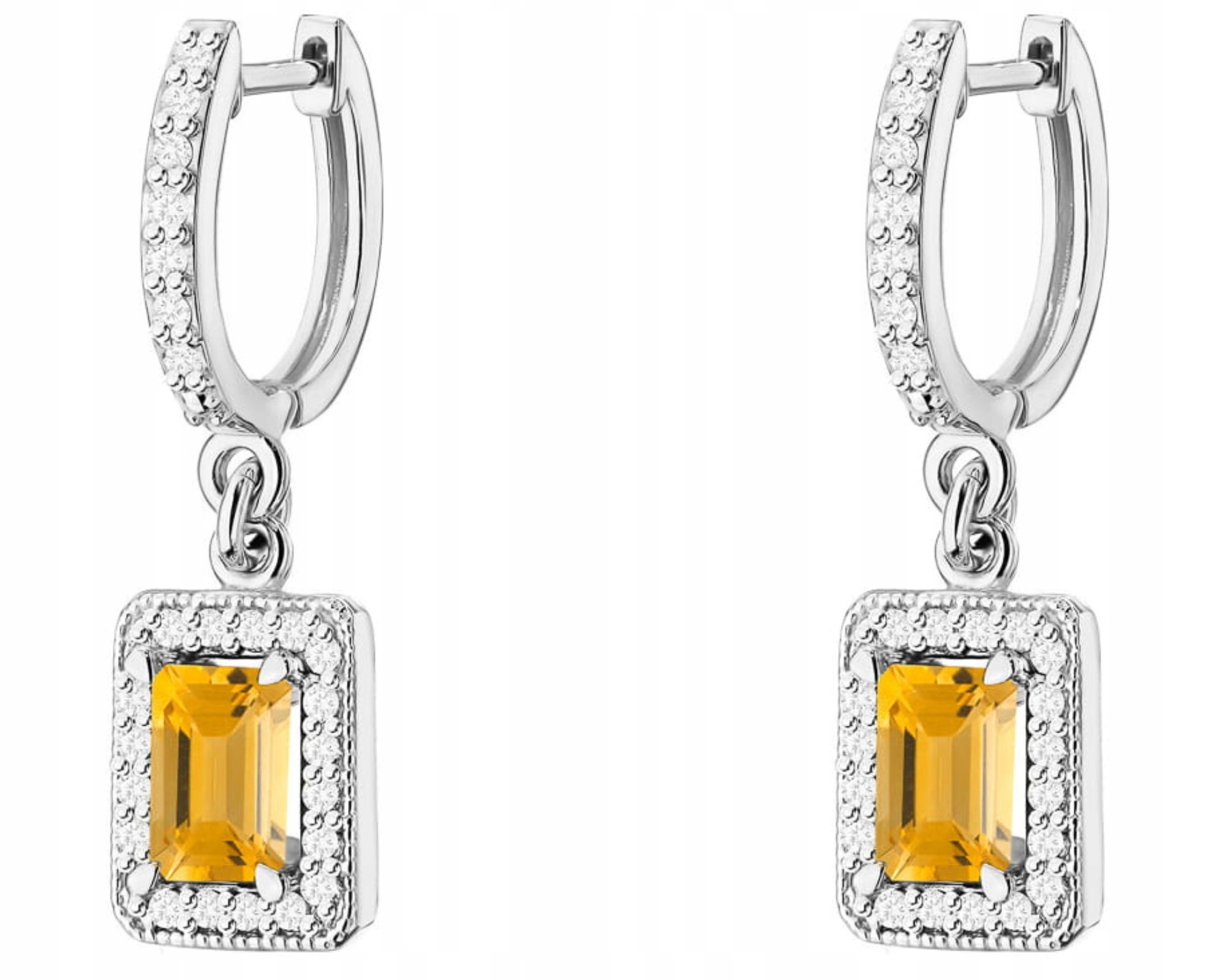 Bílé Zlato Náušnice Přírodní Kámen Citron A Závěsné Diamanty 585 Gravírování