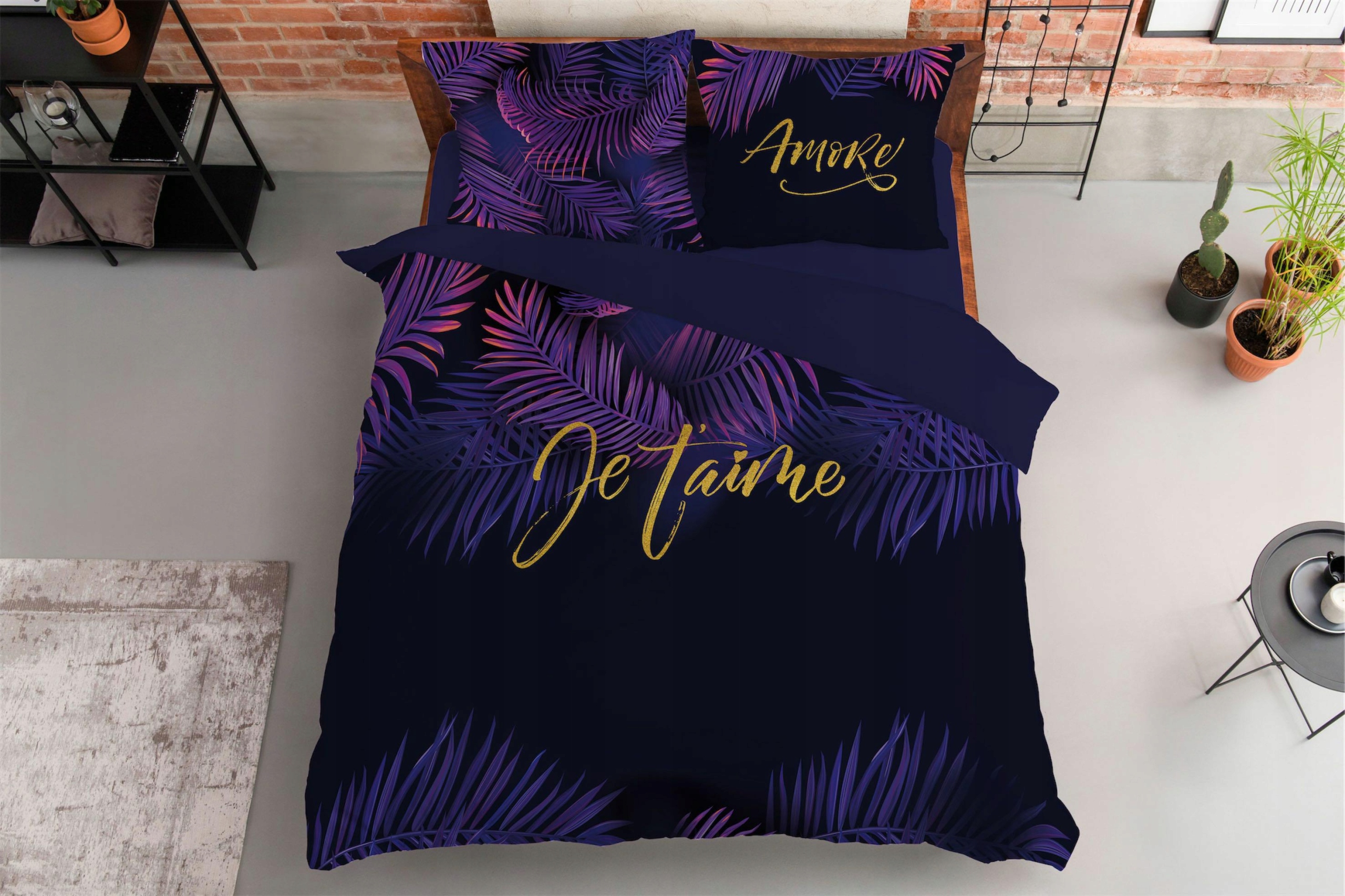 Povlečení bavlněné 220x200 Je t`aime fialové listy černá modrá